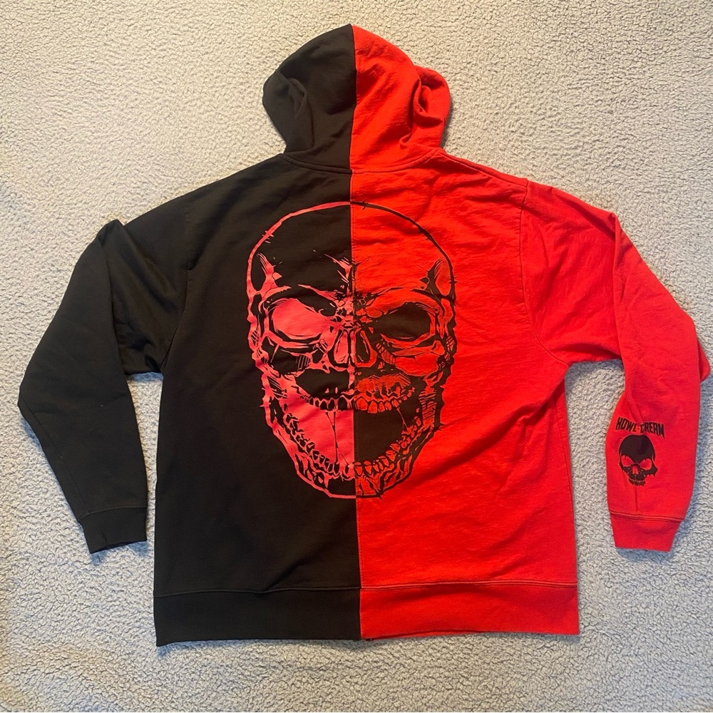 Hot Topic Howl-O-Scream Full Zip Skull Hoodie Black/Red Split Skull Men’s XXL